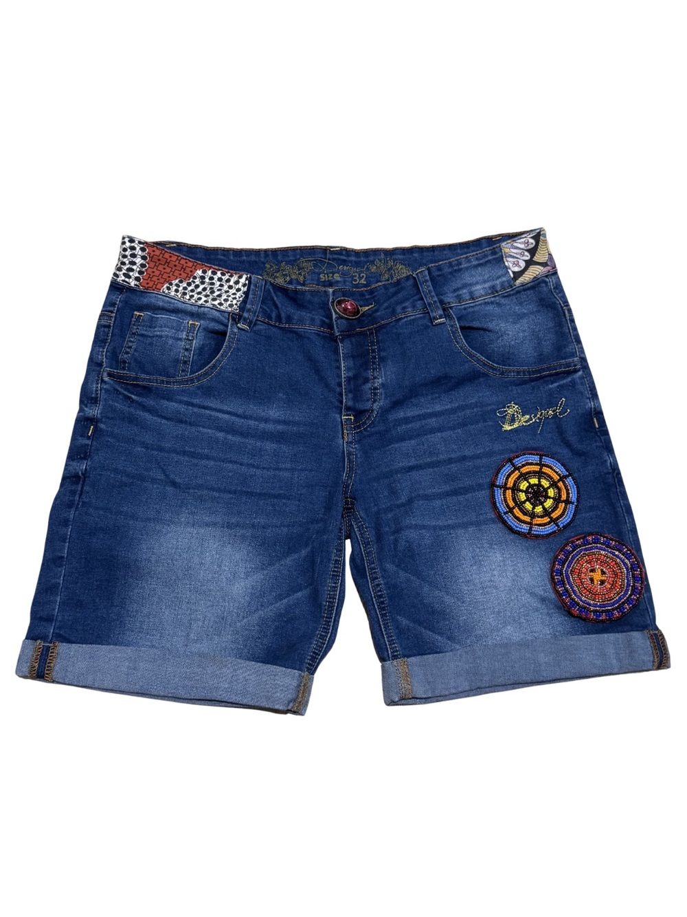 Desigual Beaded Embroidered Denim Jean Shorts Size 32